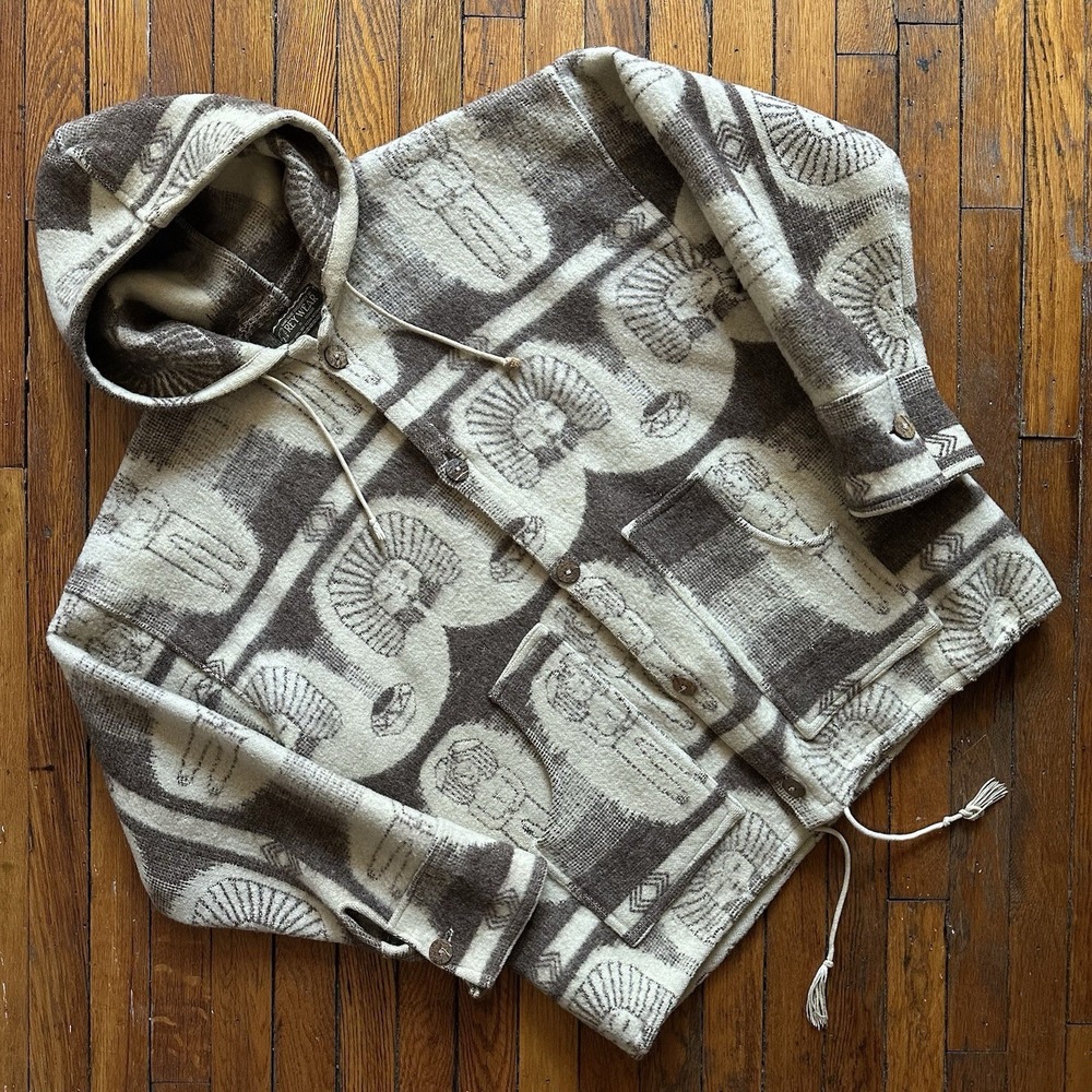 Vtg Rey Wear Heavy Wool Jacket Parka Hood Handmade Ecuador Aztec Gorpcore Dyed
